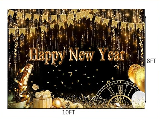 Black and Gold Happy New Year 10X8FT Backdrop